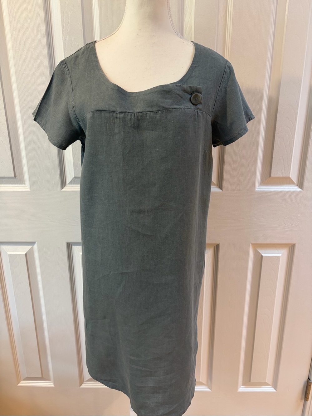 Flax Slate Blue Shift Short Sleeve Linen Dress Size P